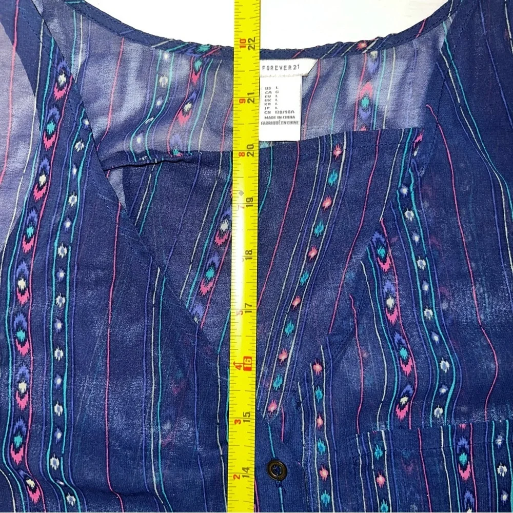 Boho Sheer Blue Patterned Sleeveless Top Forever 21 large - Picture 6 of 7